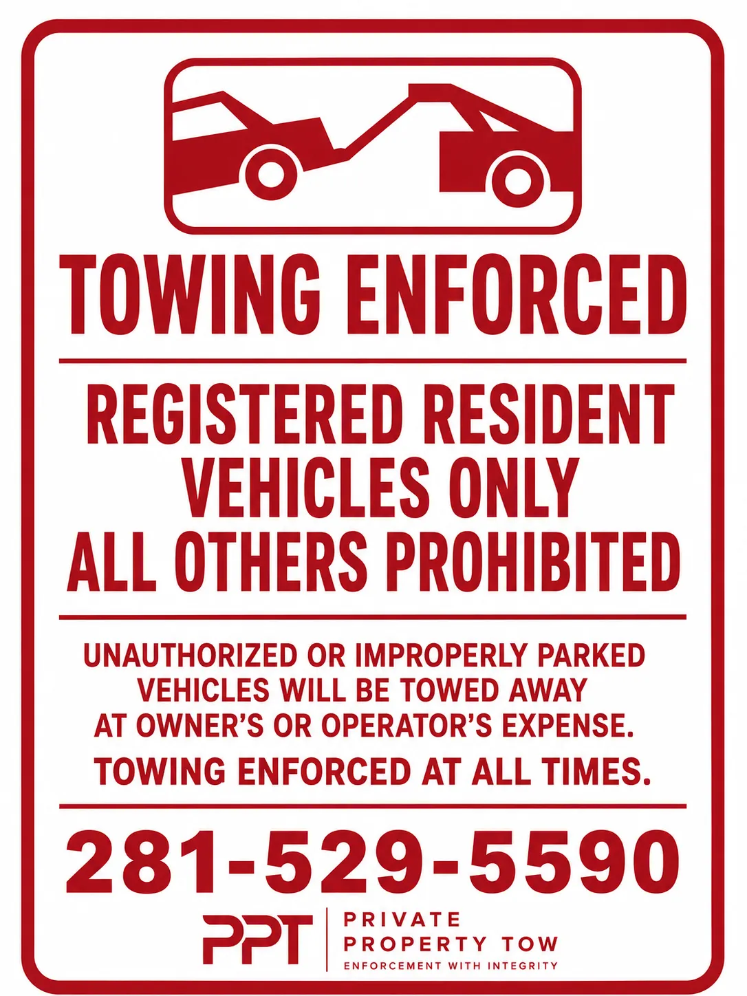 Red TOWING ENFORCED sign: registered resident vehicles only, all others prohibited