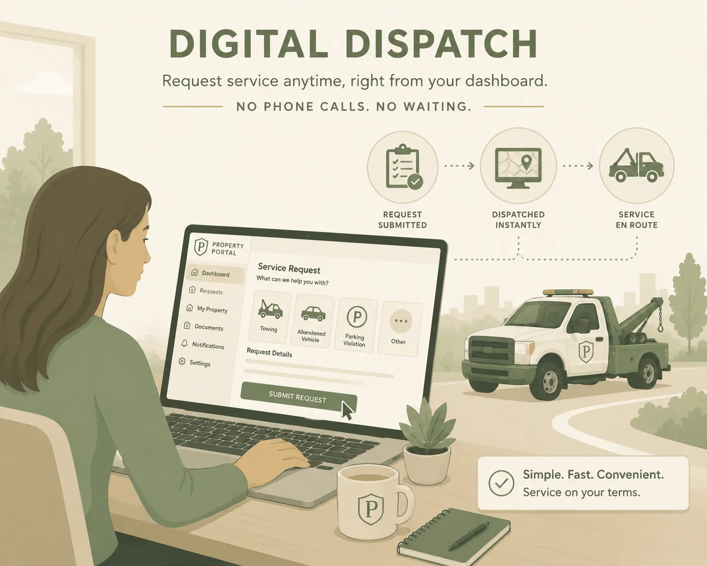 Resident requesting a tow from the PPT property portal dashboard while a tow truck heads out