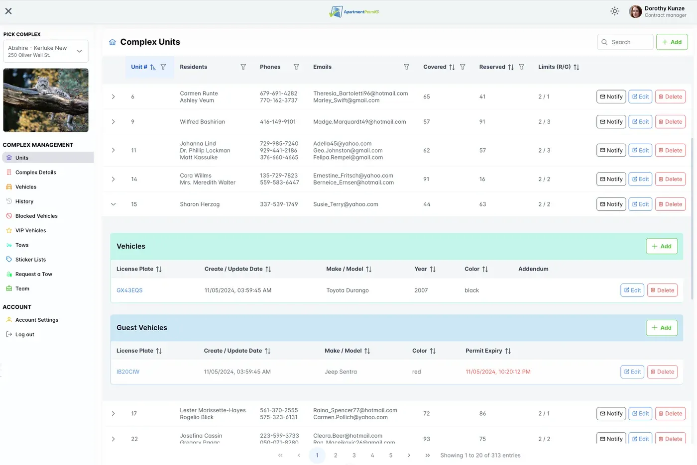 ApartmentPermits manager dashboard showing complex units, residents, and registered resident and guest vehicles
