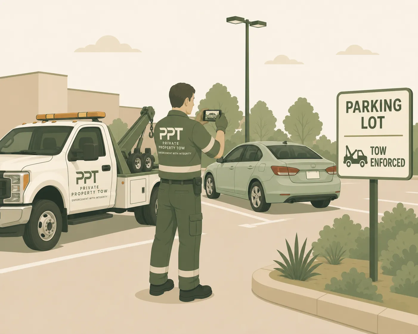 PPT patrol officer photographing a parked vehicle beside a tow truck in an enforced parking lot