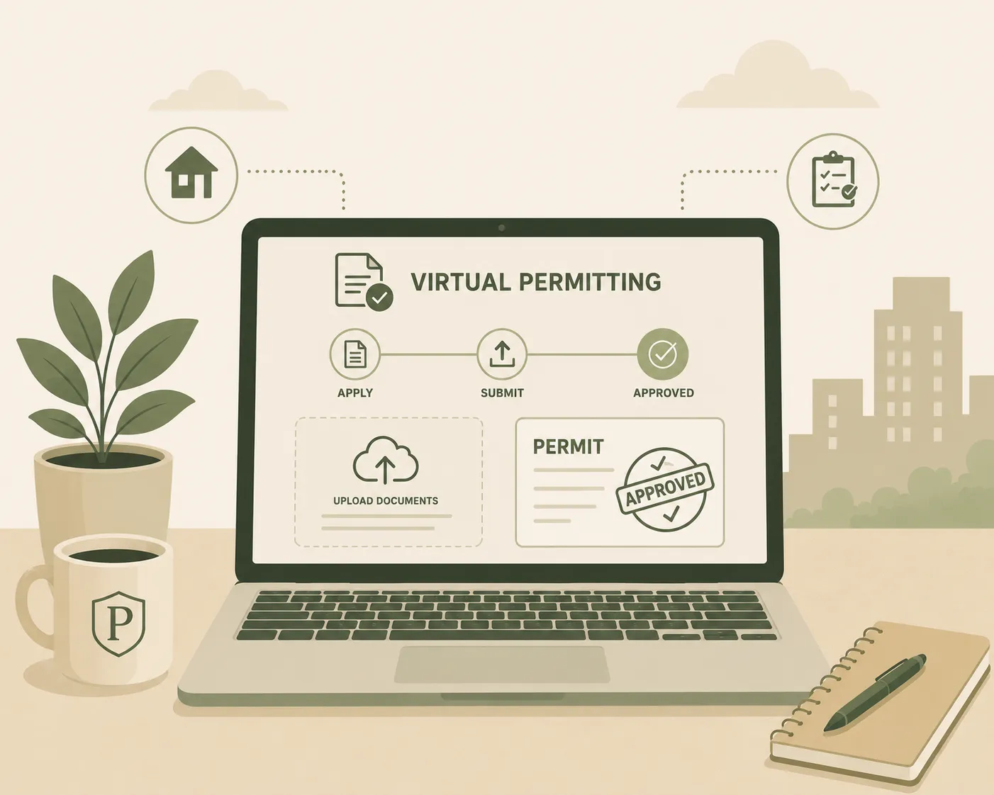 Laptop showing PPT virtual permitting flow: apply, submit, approved
